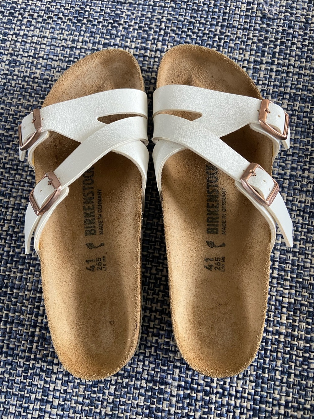 Birkenstock White Cross-Strap Sandals with Rose Gold Buckles. Size 41 L-10,M-8.